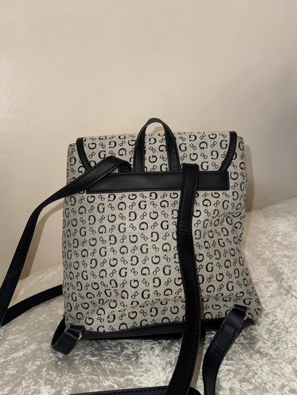 G by Guess Beige Monogram Convertible Backpack with Black Trim